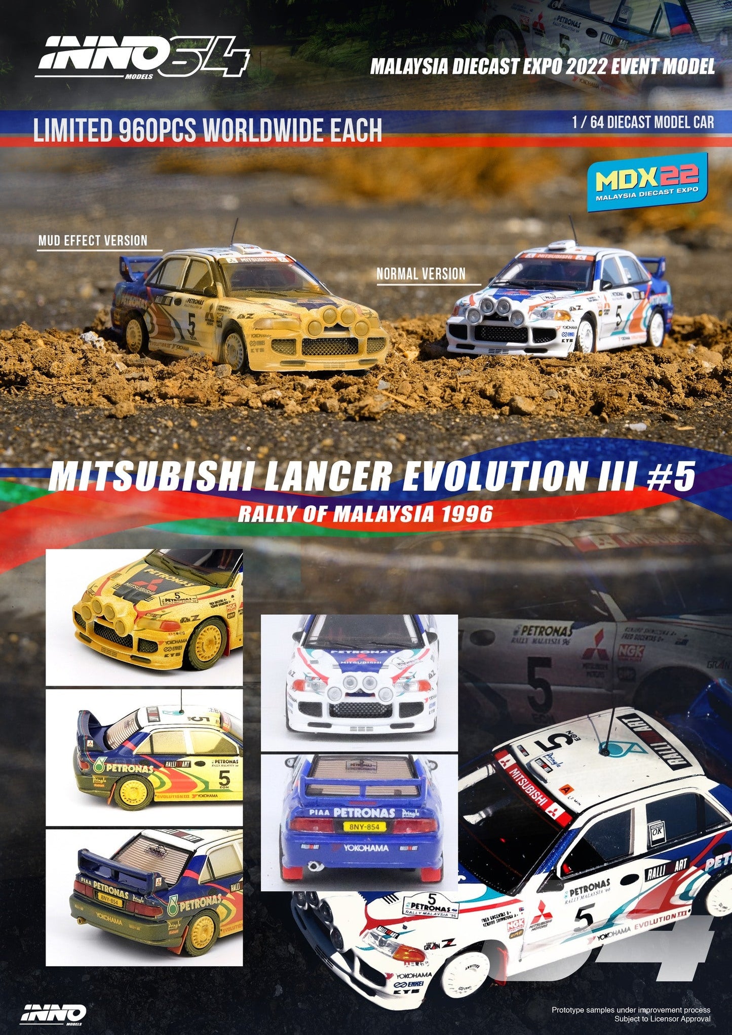 INNO64 1:64 Mitsubishi EVO III Rally Edition with Mud Malaysia Diecast Expo 2022 Event Edition