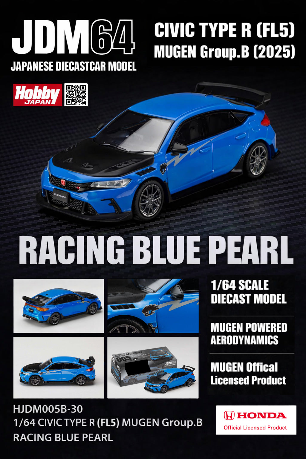 *PREORDER* Hobby Japan 1:64 Honda Civic Type-R (FL5) MUGEN Group B (2025) in Racing Blue Pearl