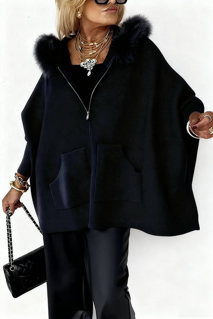 Ins Plush Hooded Cardigan Fashion Warm Pockets Zip-up Knitted Jacket Casual Outerwear Batwing Sleeve Sweater Women's Clothing