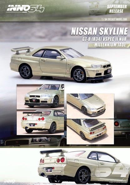 INNO64 1:64 Nissan Skyline GT-R (R34) V-Spec II N眉r in Millennium Jade