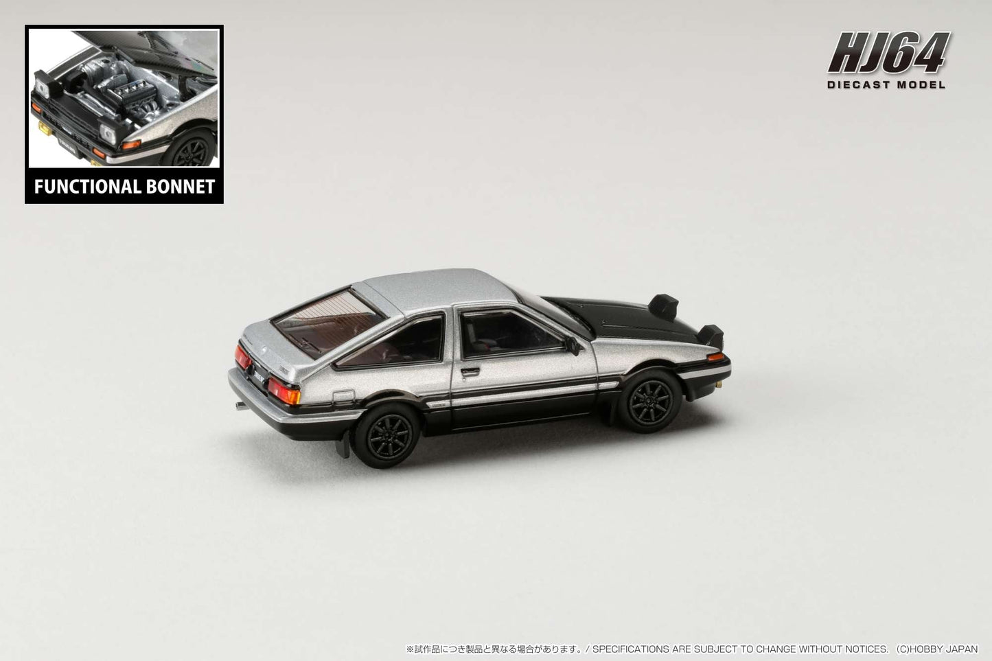 Hobby Japan 1:64 Toyota Sprinter Trueno GT Apex (AE86) in Silver / Black with Carbon Bonnet