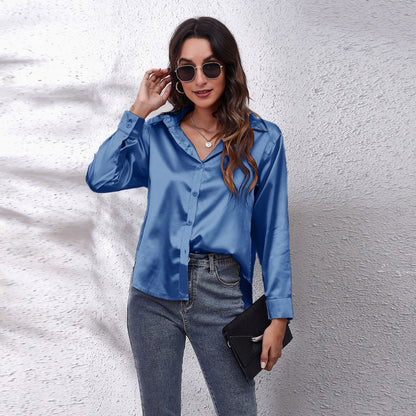 Women's Solid Color Satin Satin Long Sleeve Blouse