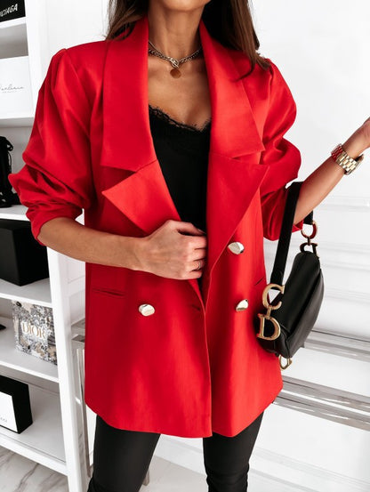 Double Breasted Blazer Fashion Casual Lapel Jacket Commuting Office Suit Jacket For Women Button Tops