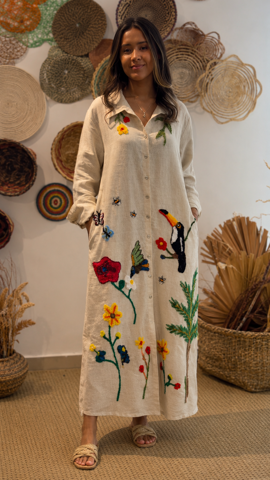 Boho Embroidered Linen Maxi Dress