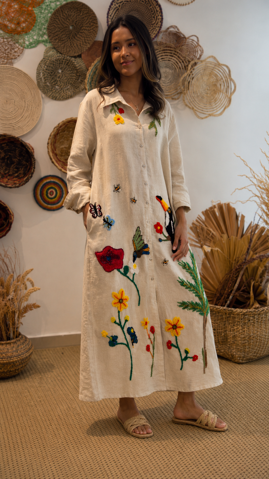 Boho Embroidered Linen Maxi Dress