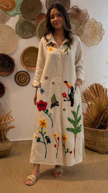 Boho Embroidered Linen Maxi Dress