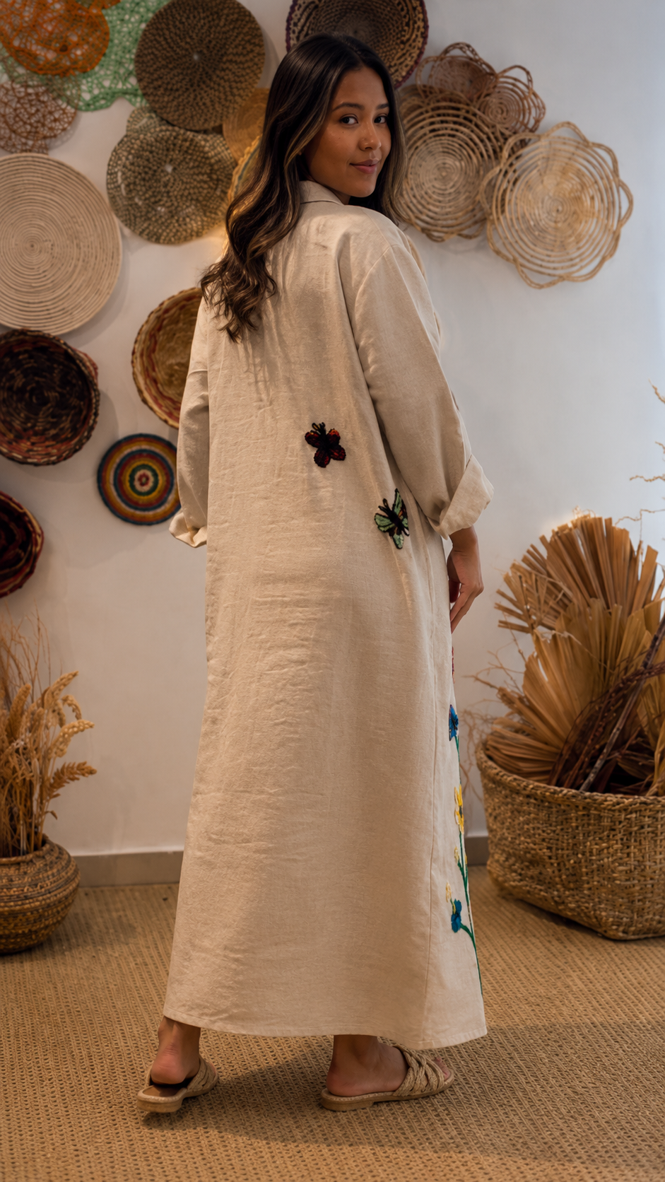 Boho Embroidered Linen Maxi Dress