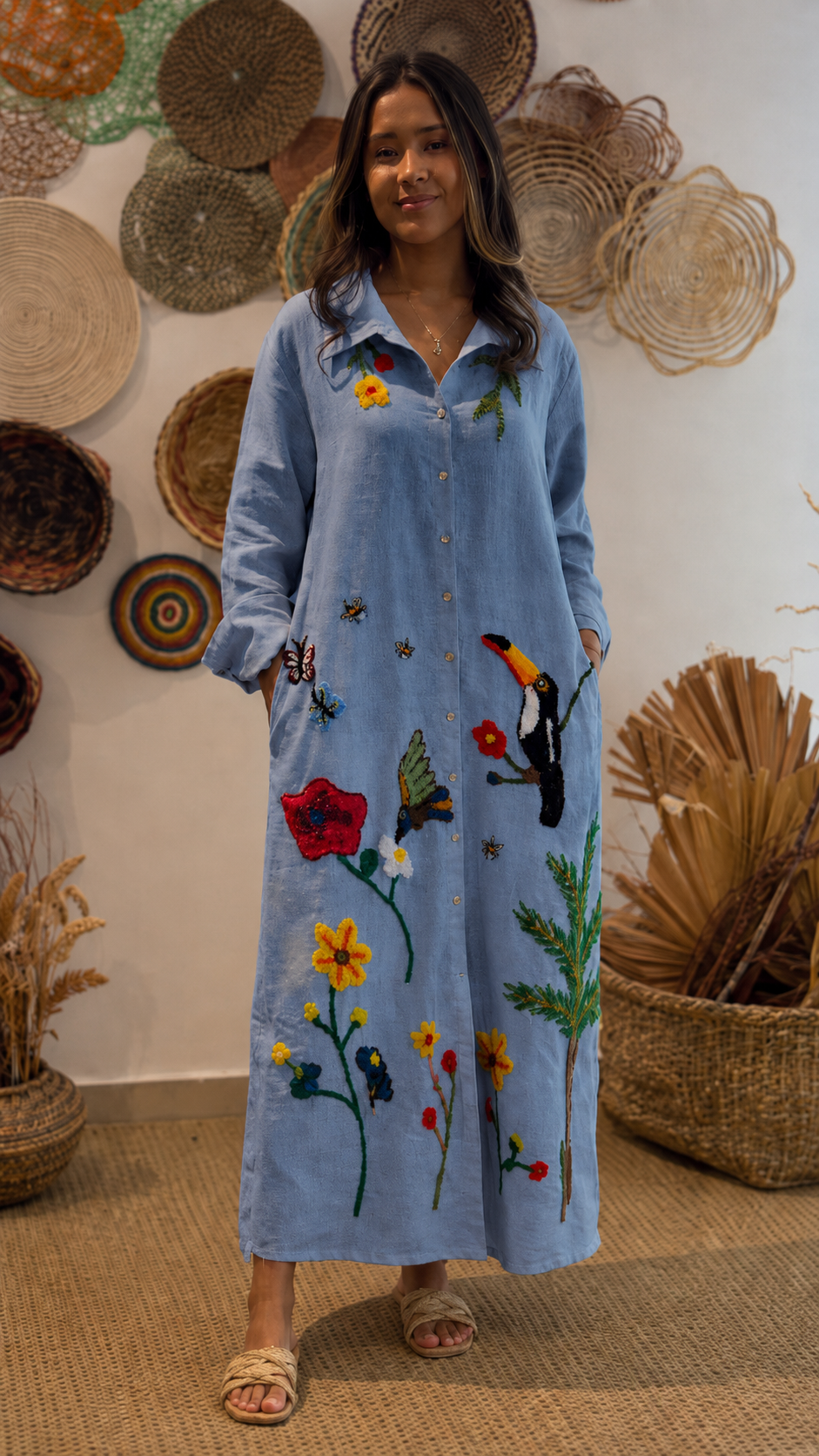 Boho Embroidered Linen Maxi Dress