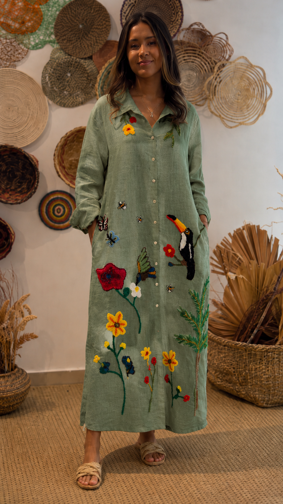 Boho Embroidered Linen Maxi Dress