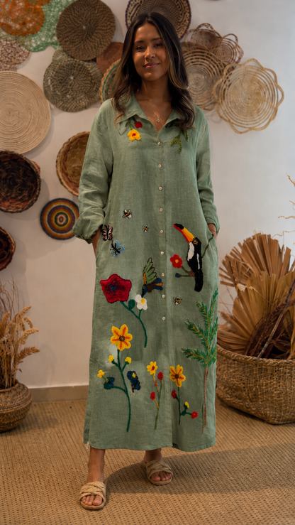 Boho Embroidered Linen Maxi Dress
