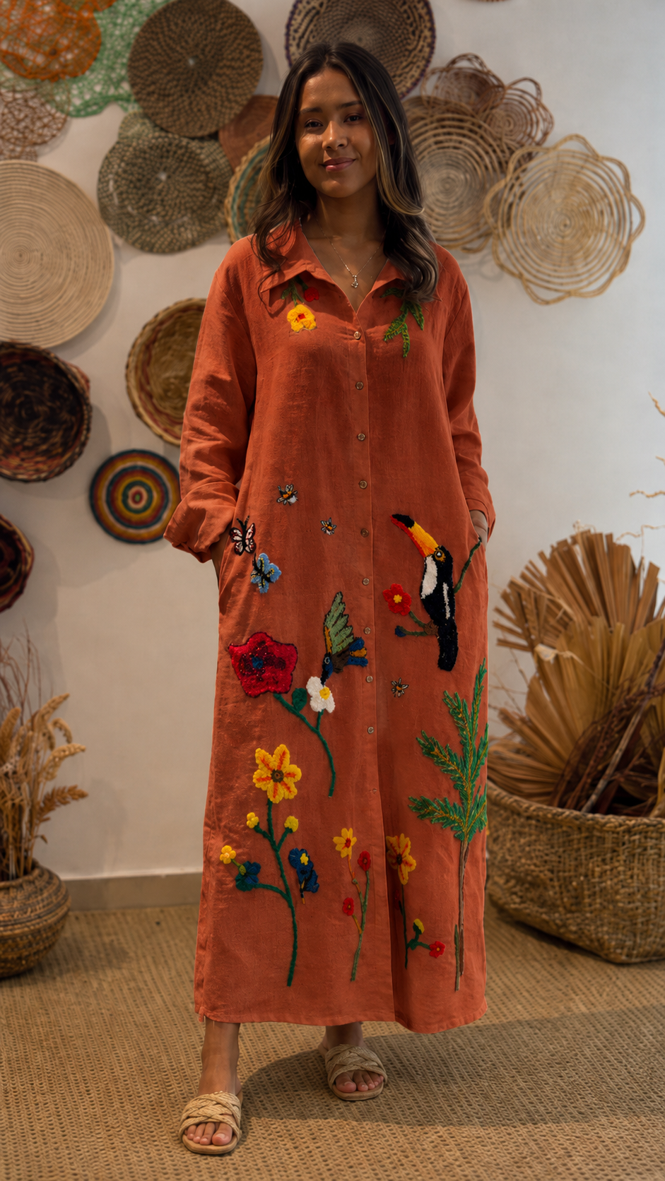 Boho Embroidered Linen Maxi Dress
