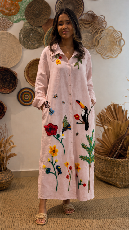 Boho Embroidered Linen Maxi Dress