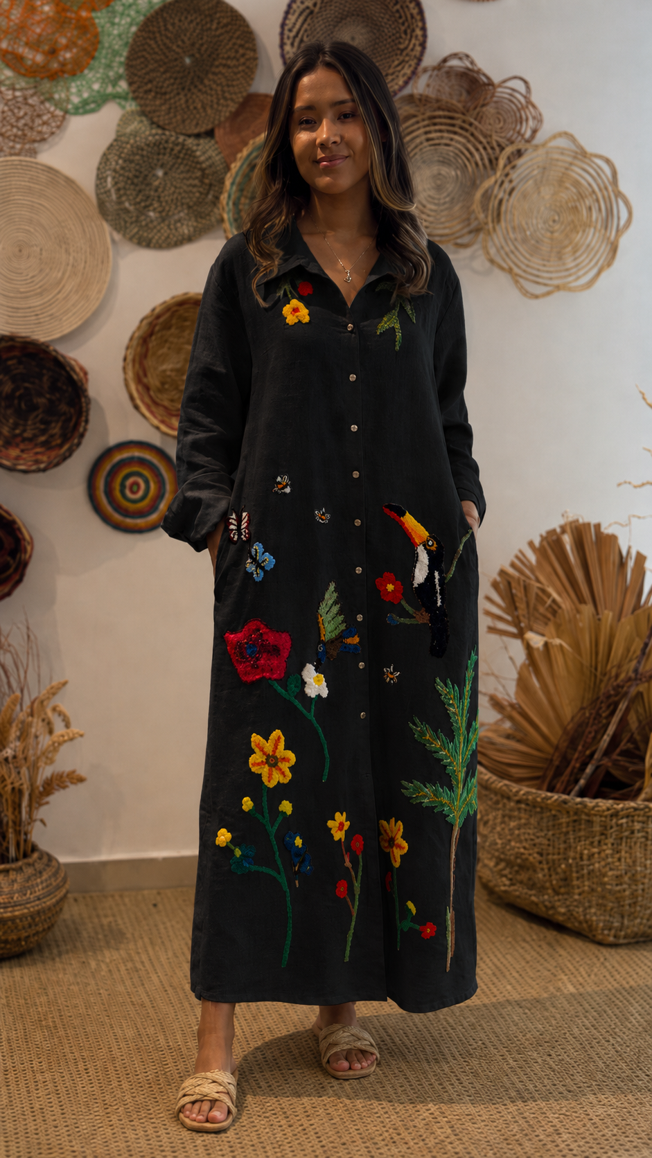 Boho Embroidered Linen Maxi Dress