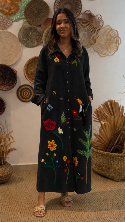 Boho Embroidered Linen Maxi Dress