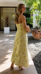 Golden Bloom Strapless Midi Dress