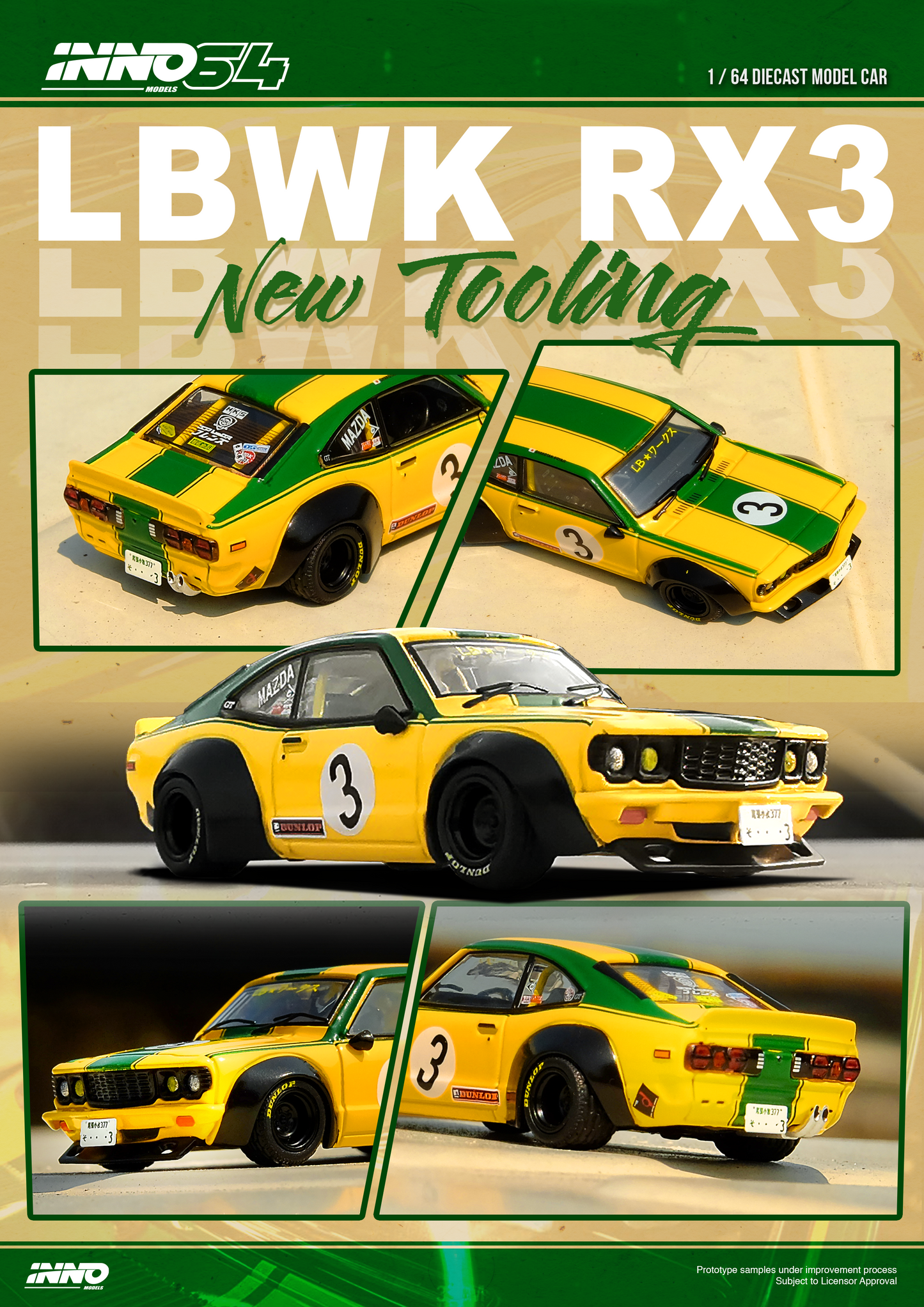 INNO64 1:64 Mazda RX-3 Savanna LBWK in Yellow