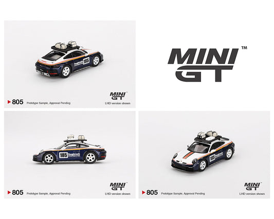 MINI GT 1:64 Porsche 911 Dakar Rallye Design Package White/Gentian Blue Metallic