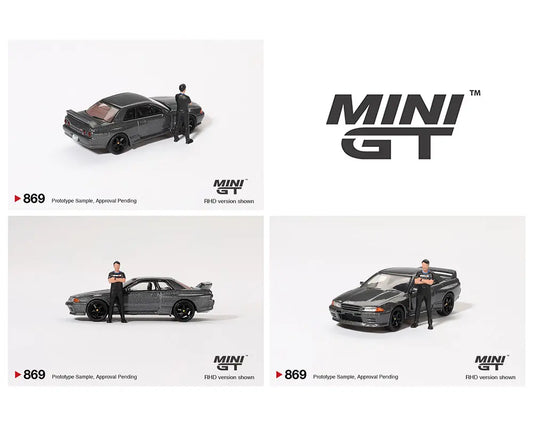 MINI GT 1:64 Nissan Skyline GT-R (R32) Nismo Gunmetal with Matsuda Figure 鈥?Tsugio Matsuda Collection