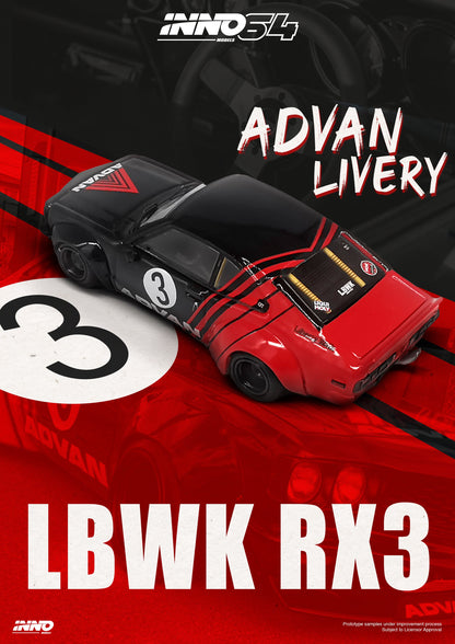 INNO64 1:64 Mazda RX-3 Savanna LBWK in "Advan Livery"