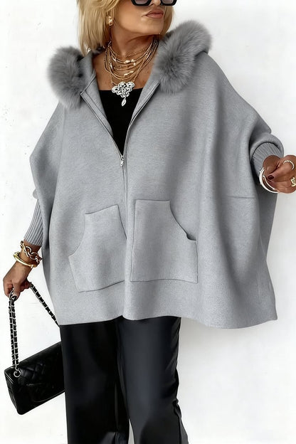 Ins Plush Hooded Cardigan Fashion Warm Pockets Zip-up Knitted Jacket Casual Outerwear Batwing Sleeve Sweater Women's Clothing
