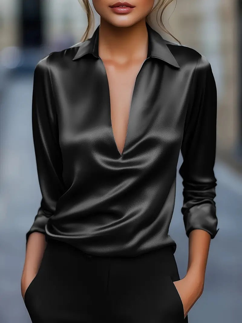Solid Color Simple V-neck Shirt Long Sleeve Shirt