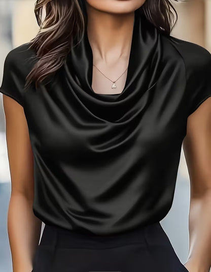Womens Solid-color Boat-neck Drapey Short-sleeve Top