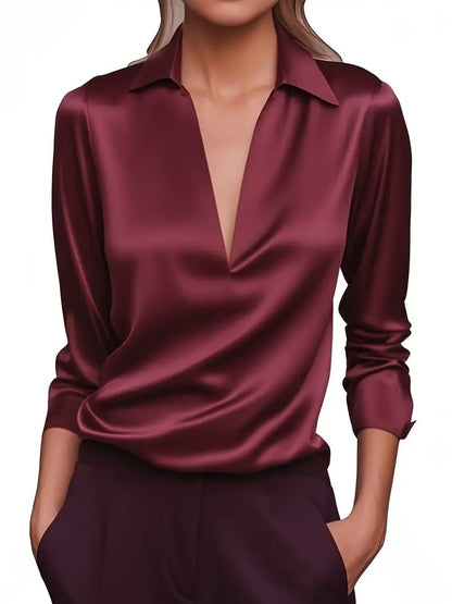 Solid Color Simple V-neck Shirt Long Sleeve Shirt