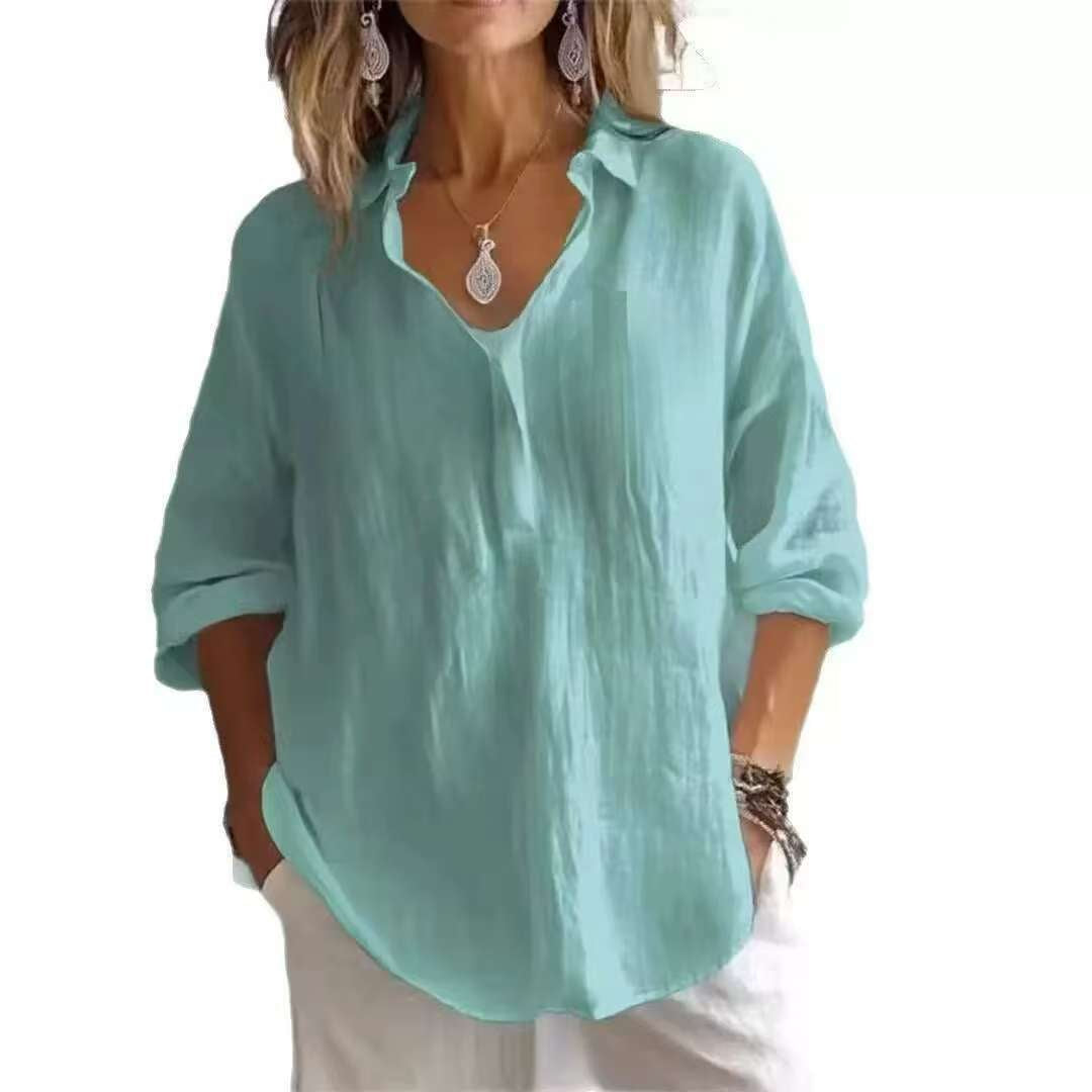 Fashion Long-sleeved Lapel Pullover Shirt Casual Loose Solid Color T-shirt Tops Women's Clothing