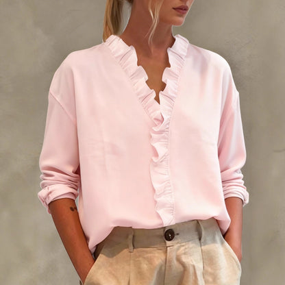 Womens Casual Long-sleeve V-neck Blouse With Lace Trim