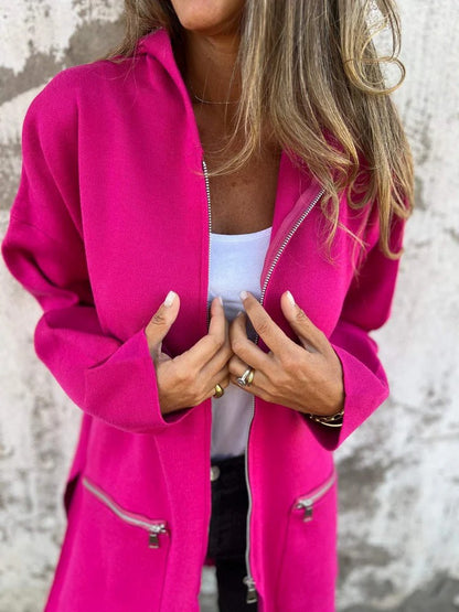 Zip-up Hooded Cardigan Coat Fashion Solid Color Pocket Jacket Fall And Winter Women's Coat Clothing